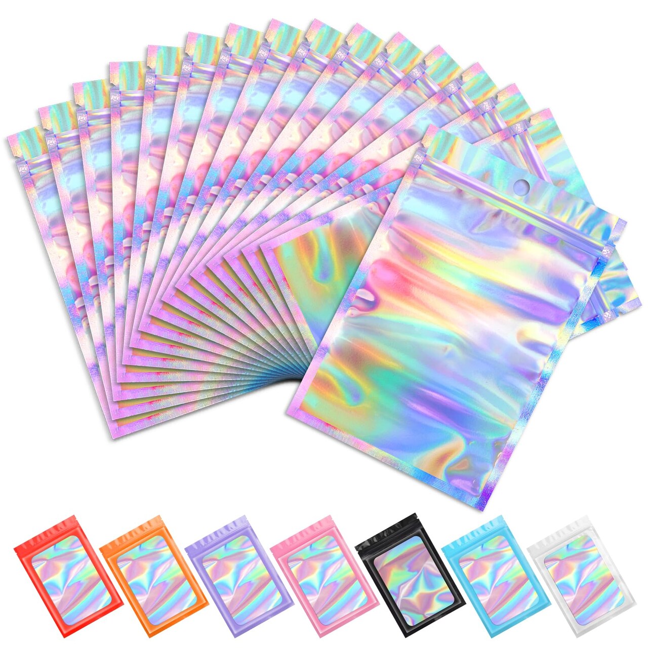 100 pcs Mylar Holographic Bags Packaging Bags,Clear Resealable Bag Foil Pouch Bag for Party Favor,Goodies,Treat,Cards,Food Storage Baggies Packaging for Small Business(4x6in,Holographic)